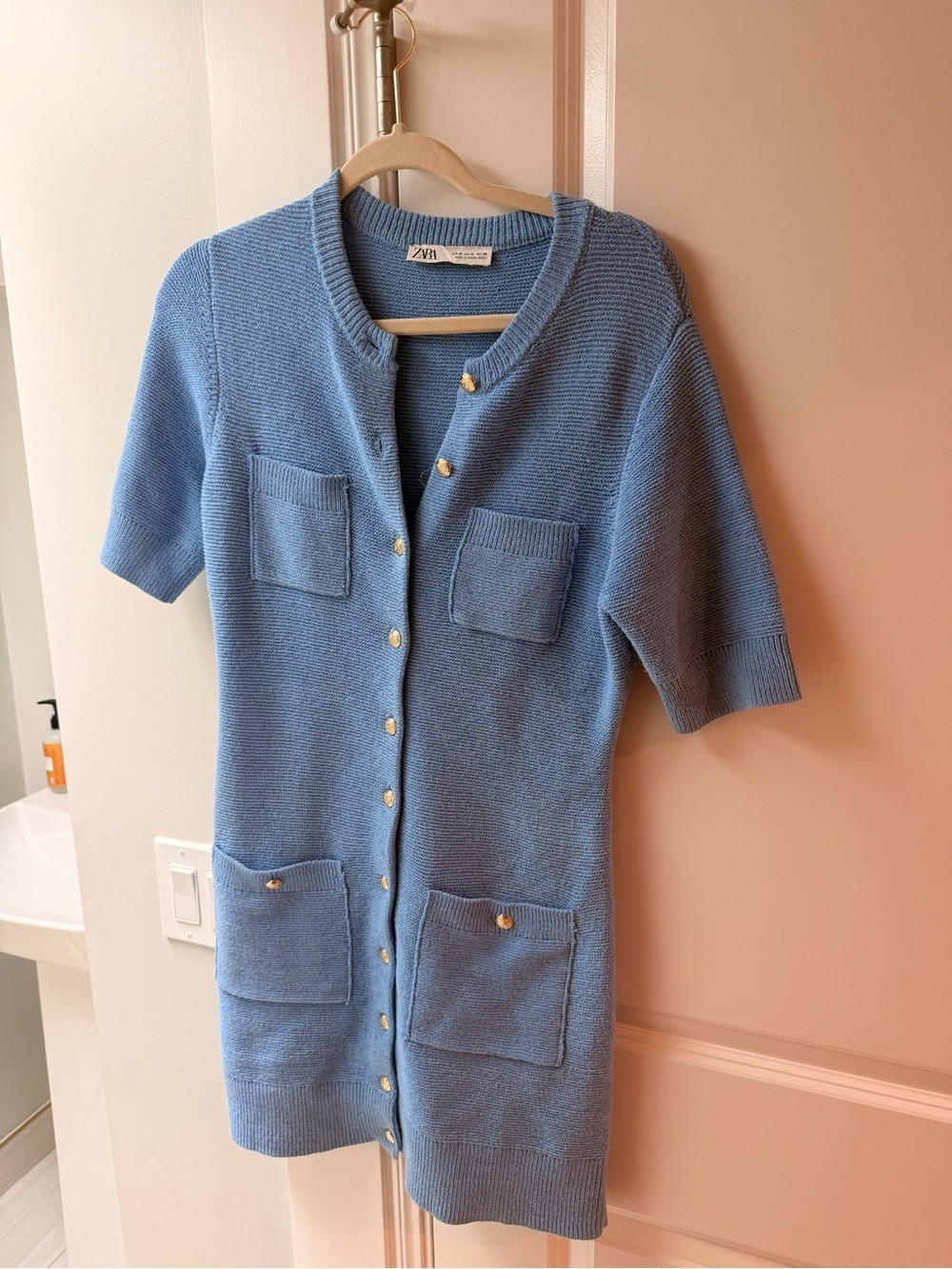 Zara Light Blue Knit Mini Dress with Gold Buttons
